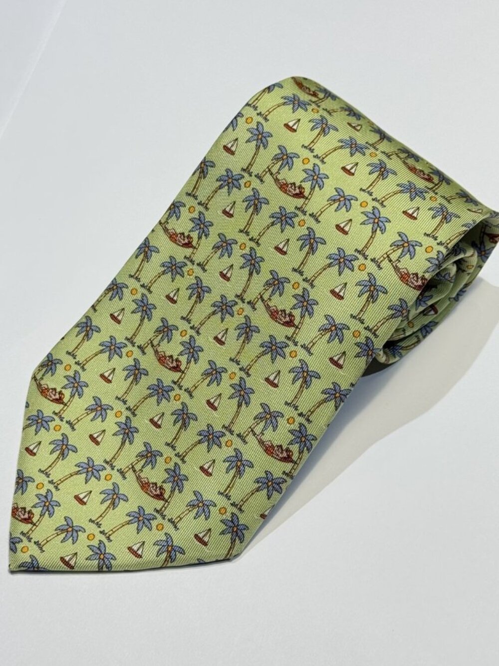 SALVATORE FERRAGAMO Light Green Multicolor Palm Tree Boat Print Silk Neck Tie